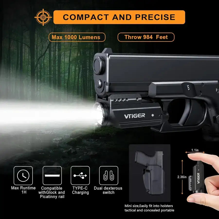 VTiGER - PL1 Oppladbar og Kompakt Lykt til Pistol - 1000 Lumen - 21mm Montasje - Game-On.no