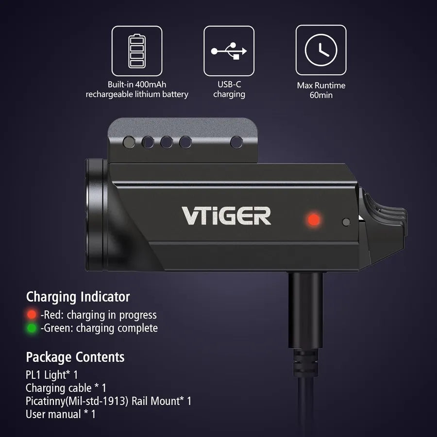 VTiGER - PL1 Oppladbar og Kompakt Lykt til Pistol - 1000 Lumen - 21mm Montasje