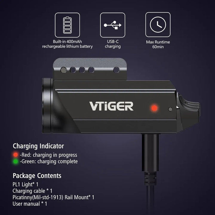 VTiGER - PL1 Oppladbar og Kompakt Lykt til Pistol - 1000 Lumen - 21mm Montasje