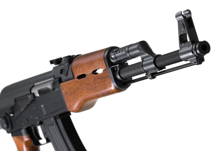 Cyma CM028S AKS47 Elektrisk Softgun m/Foldekolbe - Sort/Brun - detalj av front og frontsikte