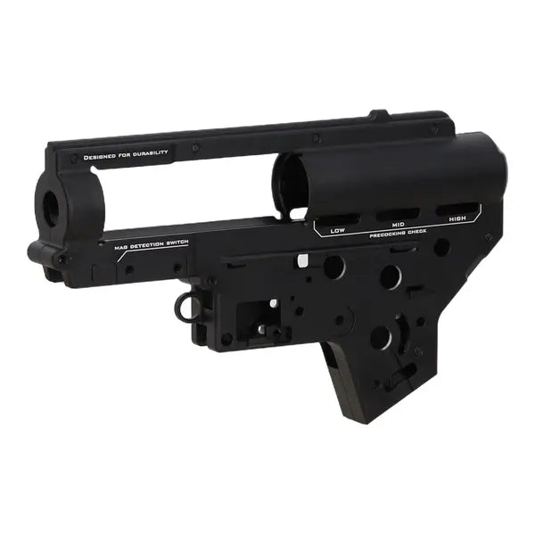 Specna Arms Aether CNC V2 gearboxskall i sort aluminium, sett fra siden