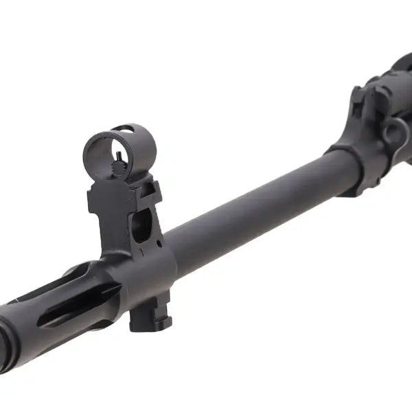 Specna Arms Retro Dragunov SVD, nærbilde av munningsdel og siktekorn